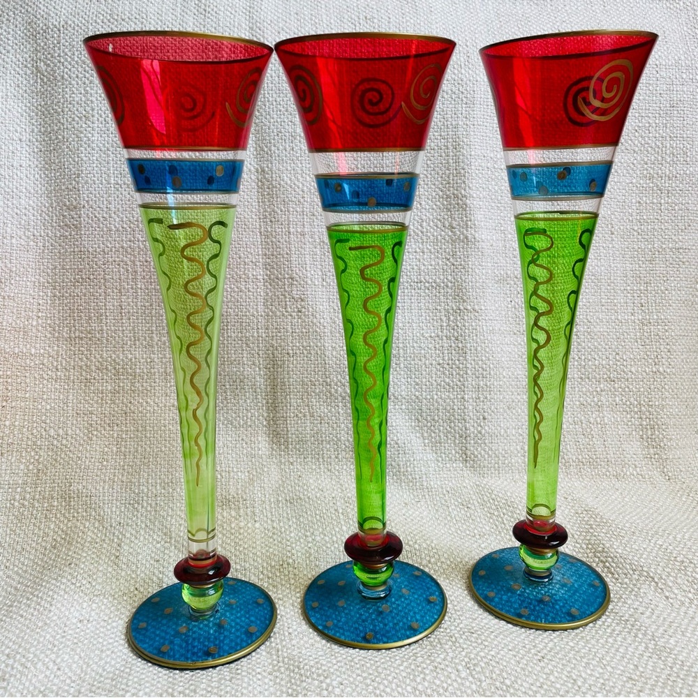 Pier 1 Festive Hand-Blown Painted Champagne Fluted Glasses lot of 3